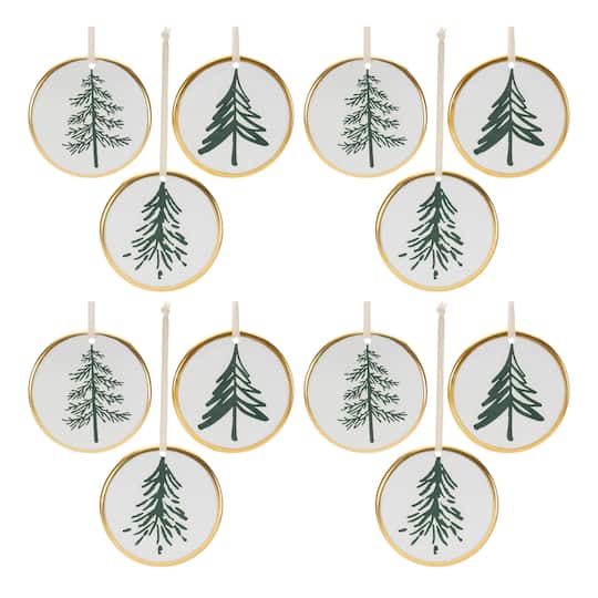 Melrose 3.5" Ceramic Pine Tree Disc Ornaments Set in White/Green/Gold | Michaels®
